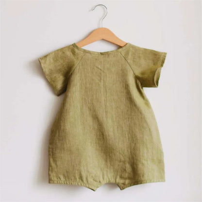 Baby Wrap Romper in Linen Cotton with Short Sleeves and Side Ties, V-Neck Summer One-Piece Outfit for Boys and Girls in Four Color Options