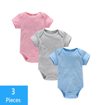 Short Sleeve Baby Bodysuits 3-Pack in 100% Cotton, Solid Color Infant One-Piece Outfits with Envelope Shoulders and Snap Bottoms for Daily Wear