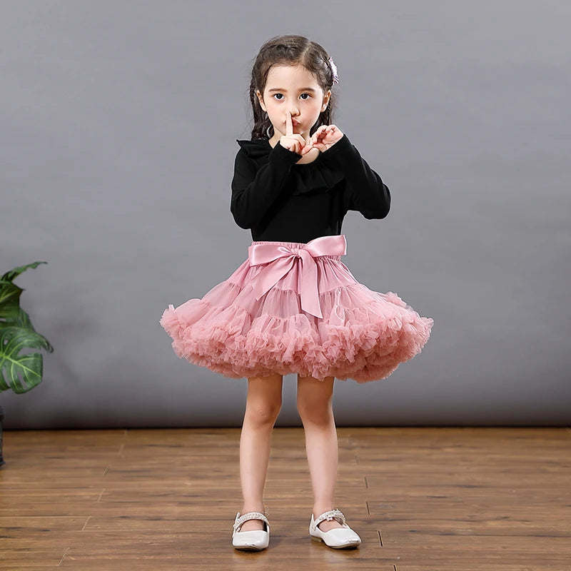 Girls Bow Waist Tutu Skirt with Fluffy Tulle Layers and Satin Lining, Adjustable Elastic Waist Pettiskirt for Birthdays, Dance and Dress Up