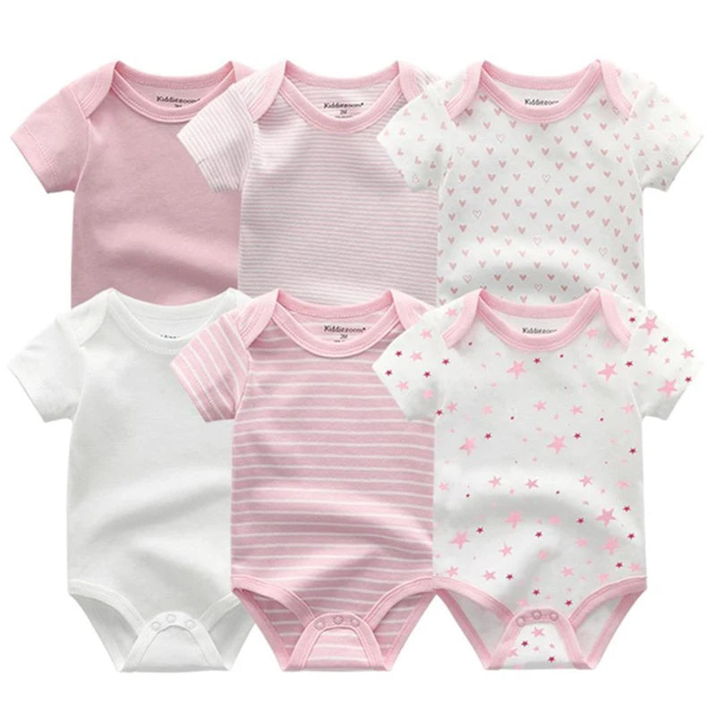 Baby Cotton Bodysuit Set, 6-Piece Short Sleeve Outfits with Envelope Shoulders and Snap Crotch for Boys and Girls, Sizes 3M-12M