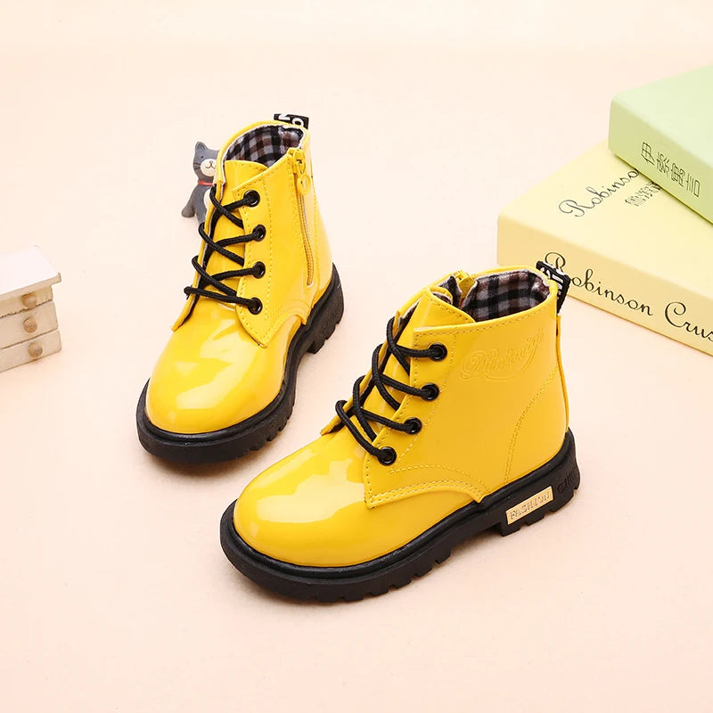 Lace-Up Kids Ankle Boots in PU Leather, Side-Zip Casual Shoes for Boys and Girls with Plush-Lined Options, Five Colors and Sizes 21-36