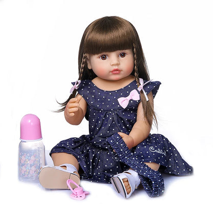 Poseable Reborn Girl Doll, 20-Inch Full Body Vinyl Toddler with Synthetic Wig Hair, Open Acrylic Eyes and Pretend-Care Accessories
