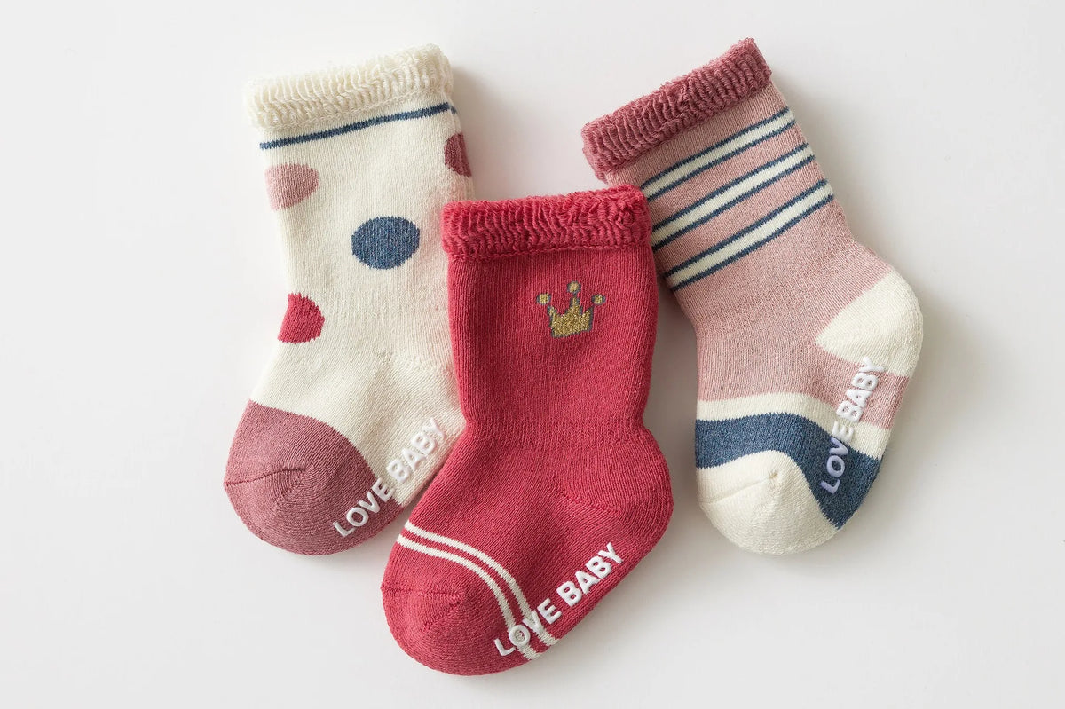 Baby Terry Cotton Socks 3-Pair Set, Thick Non-Slip Socks for Newborns, Infants and Toddlers Ages 0-5 Years for Cozy Fall and Winter Wear