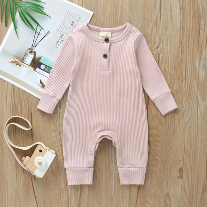 Ribbed Baby Romper with Button Neckline and Inner-Leg Snaps, Long Sleeve Cotton Knit One-Piece Outfit for Boys and Girls in 3M-18M Sizes