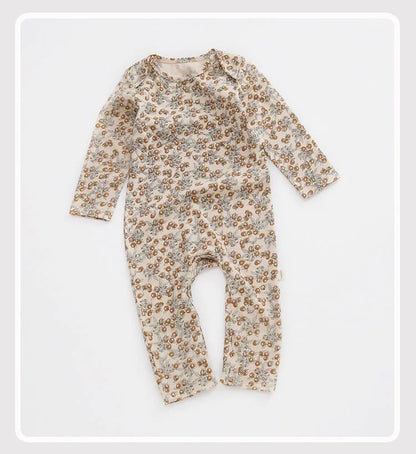 Printed Cotton Baby Romper with Long Sleeves and Footless Legs, Floral and Fruit Pattern One-Piece Outfit for Boys and Girls, Separate Hat Options