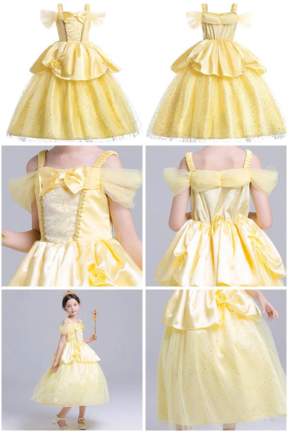 Yellow Princess Dress for Girls, Belle-Inspired Costume Gown in Dress A, B or C Styles and Sizes 3T–10T for Birthday Parties and Halloween