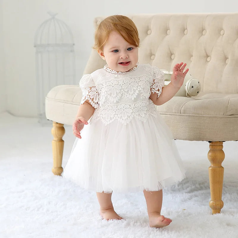 Baby Baptism Gown for Girls with Long Sleeves, Lace Details and Cotton Lining, Dress and Cap Set for Christening and First Birthday Photos