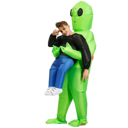 Alien Piggyback Inflatable Costume for Adults and Kids, Green Carrying Illusion Suit with Fan for Halloween, Cosplay and Stage Parties