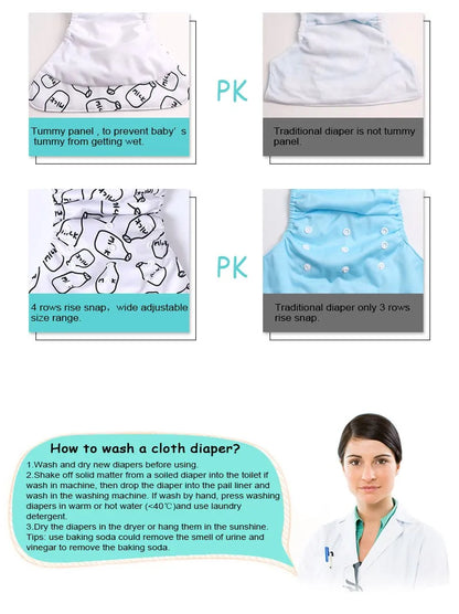 Cloth Diaper Starter Set by Happyflute, 8 Adjustable Pocket Baby Diapers with 8 Bamboo Charcoal Inserts, Washable PUL Covers and Snap Closures