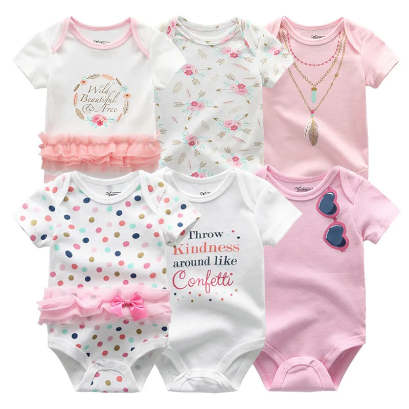 Baby Cotton Bodysuit Set, 6-Piece Short Sleeve Outfits with Envelope Shoulders and Snap Crotch for Boys and Girls, Sizes 3M-12M