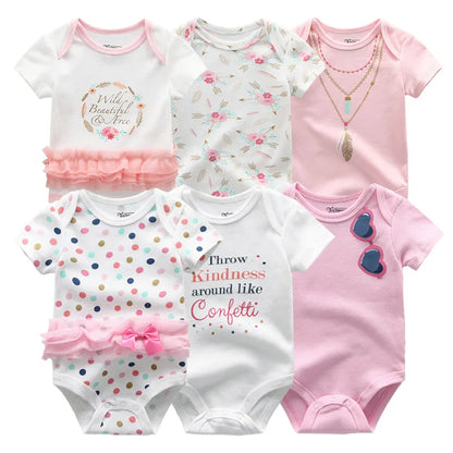 Baby Cotton Bodysuit Set, 6-Piece Short Sleeve Outfits with Envelope Shoulders and Snap Crotch for Boys and Girls, Sizes 3M-12M
