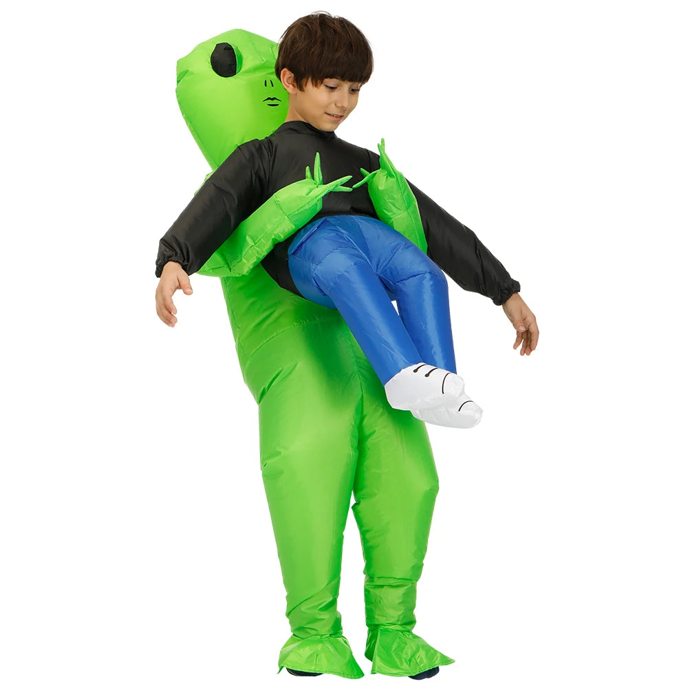 Alien Piggyback Inflatable Costume for Adults and Kids, Green Carrying Illusion Suit with Fan for Halloween, Cosplay and Stage Parties