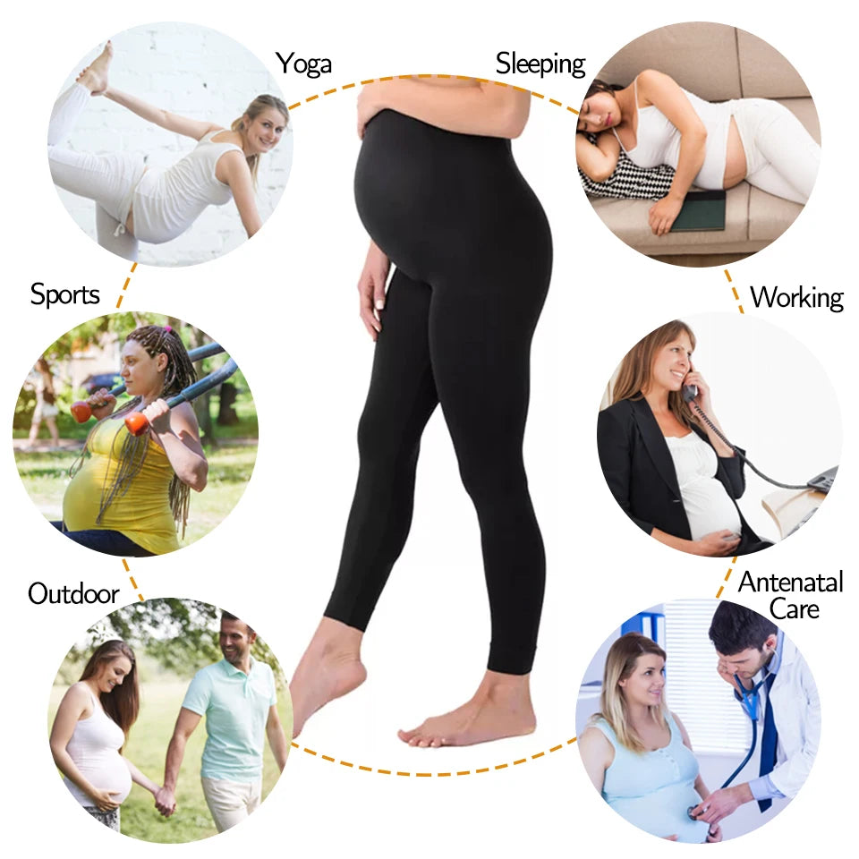 Stretch Maternity Leggings with High Waist Belly Panel, 90% Nylon and 10% Spandex Pregnancy Pants with Shorts and Thickened Style Options