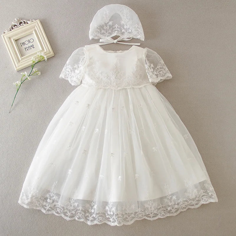 Baby Baptism Gown for Girls with Long Sleeves, Lace Details and Cotton Lining, Dress and Cap Set for Christening and First Birthday Photos