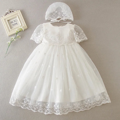 Baby Baptism Gown for Girls with Long Sleeves, Lace Details and Cotton Lining, Dress and Cap Set for Christening and First Birthday Photos