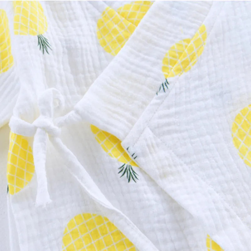 Muslin Cotton Baby Kimono Romper with Side Ties and Leg Snaps, Long Sleeve Printed Footless Jumpsuit for Boys and Girls, 0-24 Months