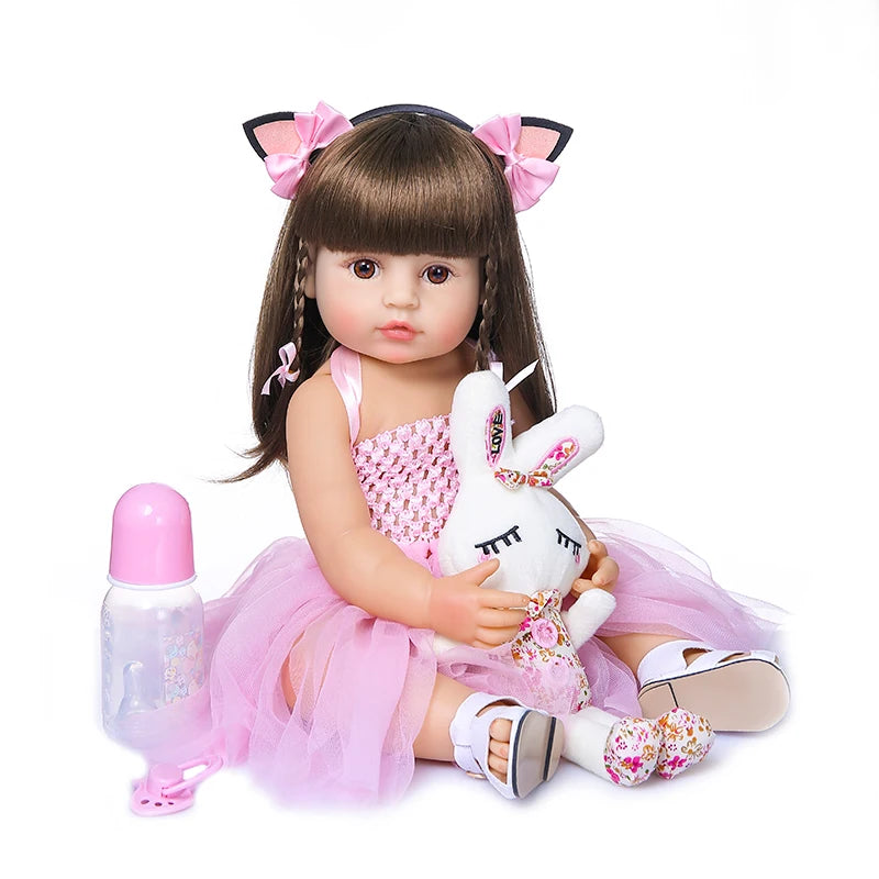 Poseable Reborn Girl Doll, 20-Inch Full Body Vinyl Toddler with Synthetic Wig Hair, Open Acrylic Eyes and Pretend-Care Accessories