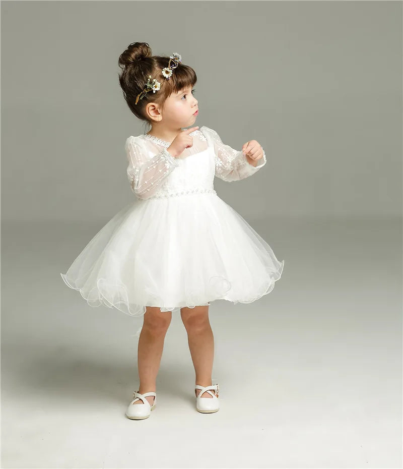 Baby Baptism Gown for Girls with Long Sleeves, Lace Details and Cotton Lining, Dress and Cap Set for Christening and First Birthday Photos