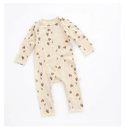 Printed Cotton Baby Romper with Long Sleeves and Footless Legs, Floral and Fruit Pattern One-Piece Outfit for Boys and Girls, Separate Hat Options