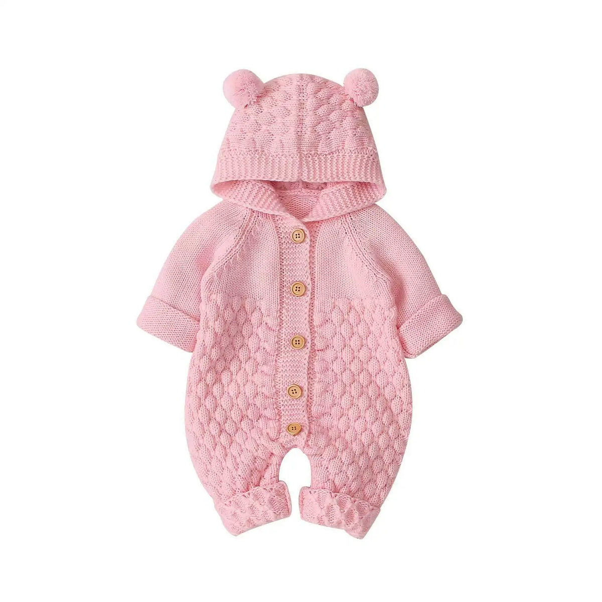 Baby Bobble Knit Hooded Jumpsuit with Round Ear Details, Cotton Blend Button-Front Sweater Romper in Beige, Pink, Blue or Gray