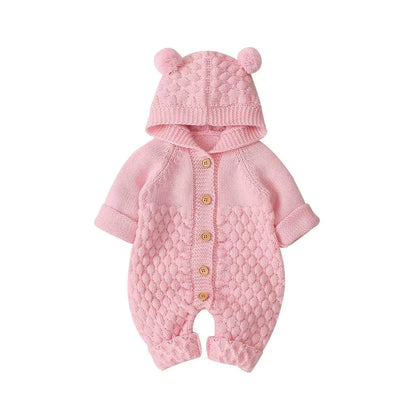 Baby Bobble Knit Hooded Jumpsuit with Round Ear Details, Cotton Blend Button-Front Sweater Romper in Beige, Pink, Blue or Gray