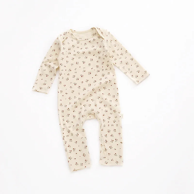 Printed Cotton Baby Romper with Long Sleeves and Footless Legs, Floral and Fruit Pattern One-Piece Outfit for Boys and Girls, Separate Hat Options