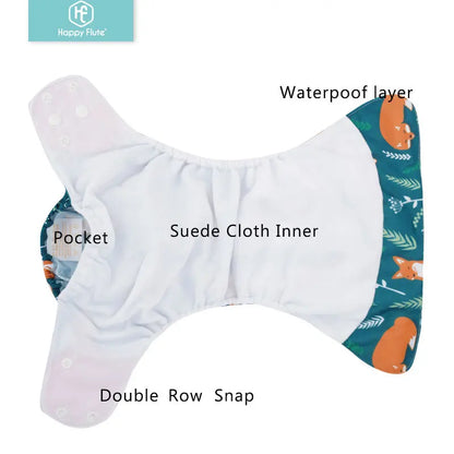 Pocket Cloth Diapers 4-Pack by Happyflute, Reusable Baby Nappies with Printed PUL Outer, Suede Cloth Lining and Snap Closures for 3–15 kg