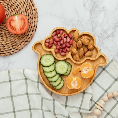 Baby Bamboo Suction Plate Set with Wooden-Handle Spoon and Fork, 3-Piece Cartoon Dinnerware with Divided Elephant Design for Toddler Meals