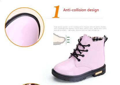 Lace-Up Kids Ankle Boots in PU Leather, Side-Zip Casual Shoes for Boys and Girls with Plush-Lined Options, Five Colors and Sizes 21-36