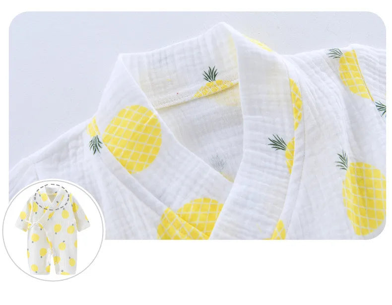 Muslin Cotton Baby Kimono Romper with Side Ties and Leg Snaps, Long Sleeve Printed Footless Jumpsuit for Boys and Girls, 0-24 Months