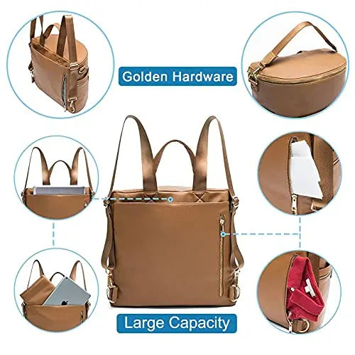 Convertible Diaper Backpack in PU Leather with Changing Pad, 11 Storage Pockets, Insulated Bottle Pockets and Shoulder Straps for Parents