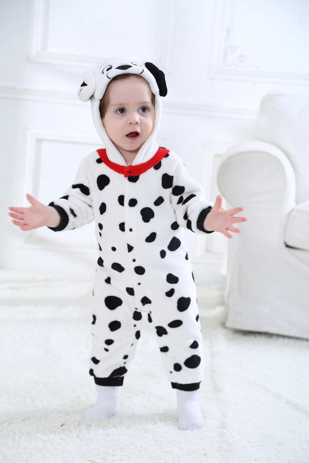 Baby Dalmatian Costume with Puppy Hood, Flannel Animal Jumpsuit for Infants and Toddlers, Halloween Dress-Up and Photo Outfits