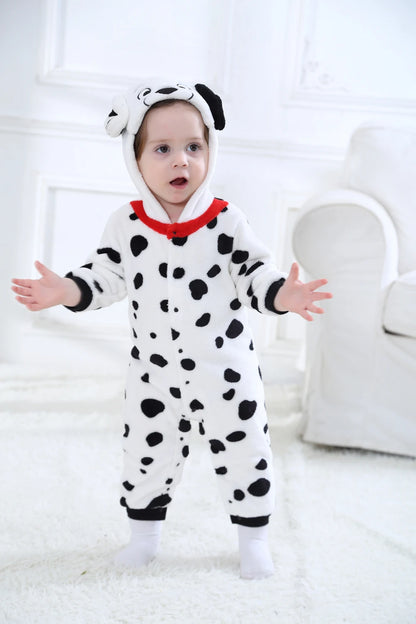 Baby Dalmatian Costume with Puppy Hood, Flannel Animal Jumpsuit for Infants and Toddlers, Halloween Dress-Up and Photo Outfits