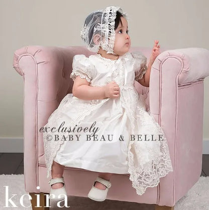 Baby Baptism Gown for Girls with Long Sleeves, Lace Details and Cotton Lining, Dress and Cap Set for Christening and First Birthday Photos