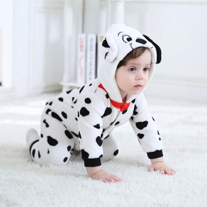 Baby Dalmatian Costume with Puppy Hood, Flannel Animal Jumpsuit for Infants and Toddlers, Halloween Dress-Up and Photo Outfits