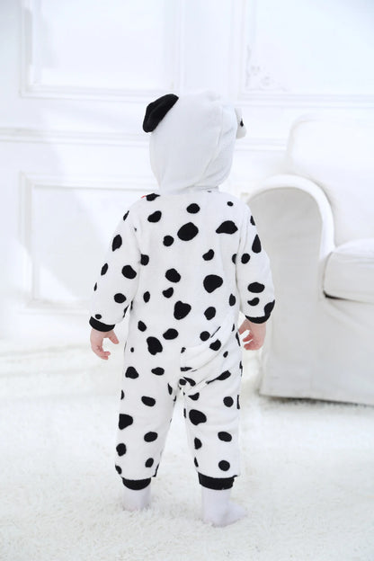 Baby Dalmatian Costume with Puppy Hood, Flannel Animal Jumpsuit for Infants and Toddlers, Halloween Dress-Up and Photo Outfits