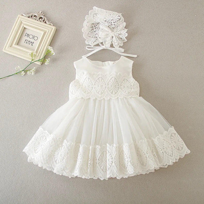 Baby Baptism Gown for Girls with Long Sleeves, Lace Details and Cotton Lining, Dress and Cap Set for Christening and First Birthday Photos