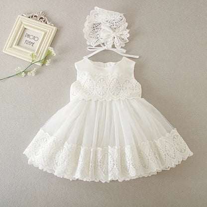Baby Baptism Gown for Girls with Long Sleeves, Lace Details and Cotton Lining, Dress and Cap Set for Christening and First Birthday Photos