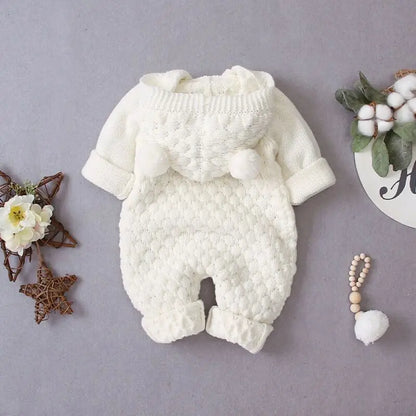 Baby Bobble Knit Hooded Jumpsuit with Round Ear Details, Cotton Blend Button-Front Sweater Romper in Beige, Pink, Blue or Gray