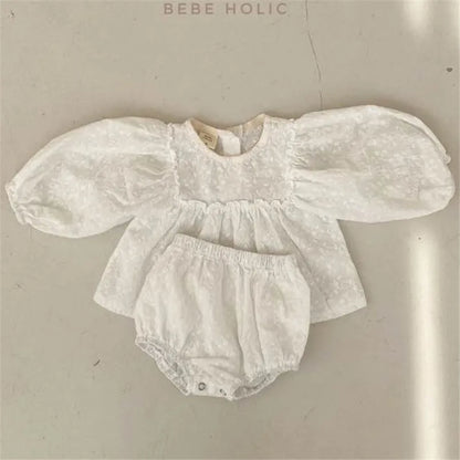 Baby Girl Bloomer Outfit Set with Vintage Lace Embroidery, Long Sleeve Cotton Top and Matching Shorts for Infants and Toddlers