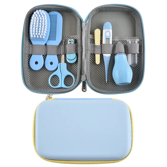 Baby Grooming Essentials in Zippered Case, 8-Piece Care Kit with Manual Nail Clippers, Hair Brush, Comb, Digital Thermometer and Nasal Aspirator