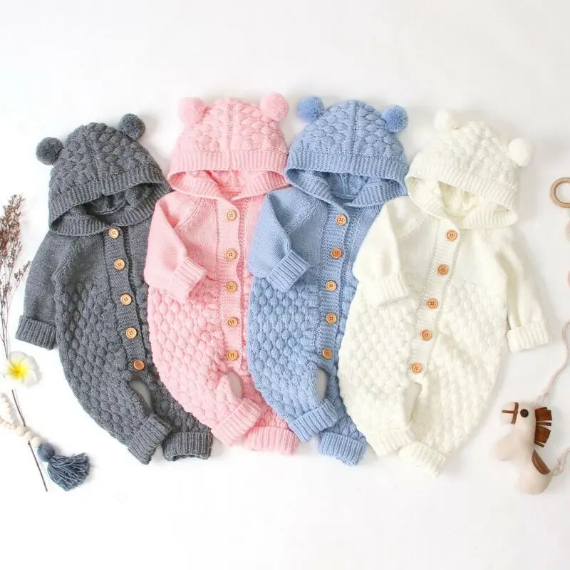 Baby Bobble Knit Hooded Jumpsuit with Round Ear Details, Cotton Blend Button-Front Sweater Romper in Beige, Pink, Blue or Gray