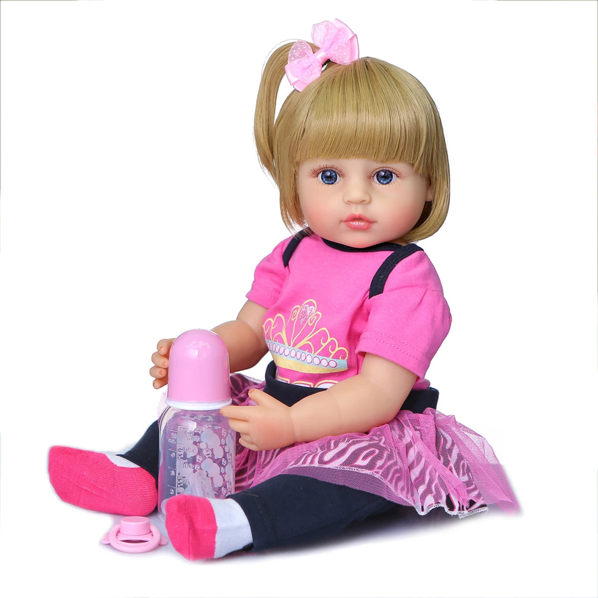 Poseable Reborn Girl Doll, 20-Inch Full Body Vinyl Toddler with Synthetic Wig Hair, Open Acrylic Eyes and Pretend-Care Accessories