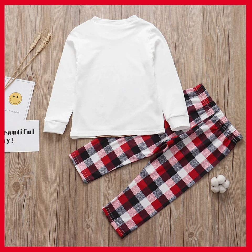 Red-Nose Reindeer Family Christmas Pajamas with White Long Sleeve Tops and Red Black Plaid Pants, Matching Mom Dad Kids Sets and Baby Jumpsuit Options
