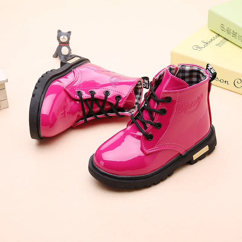 Lace-Up Kids Ankle Boots in PU Leather, Side-Zip Casual Shoes for Boys and Girls with Plush-Lined Options, Five Colors and Sizes 21-36