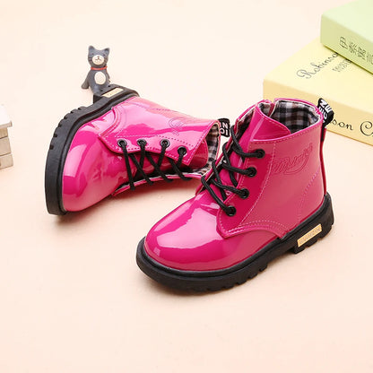 Lace-Up Kids Ankle Boots in PU Leather, Side-Zip Casual Shoes for Boys and Girls with Plush-Lined Options, Five Colors and Sizes 21-36