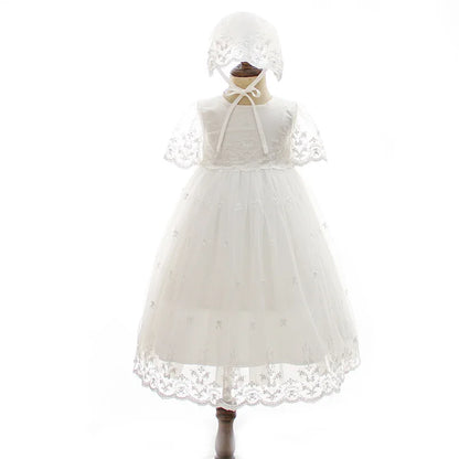 Baby Baptism Gown for Girls with Long Sleeves, Lace Details and Cotton Lining, Dress and Cap Set for Christening and First Birthday Photos