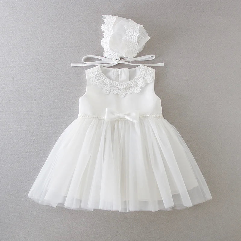 Baby Baptism Gown for Girls with Long Sleeves, Lace Details and Cotton Lining, Dress and Cap Set for Christening and First Birthday Photos