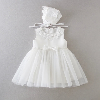 Baby Baptism Gown for Girls with Long Sleeves, Lace Details and Cotton Lining, Dress and Cap Set for Christening and First Birthday Photos