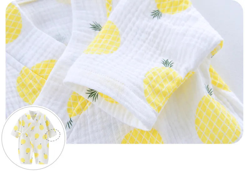 Muslin Cotton Baby Kimono Romper with Side Ties and Leg Snaps, Long Sleeve Printed Footless Jumpsuit for Boys and Girls, 0-24 Months